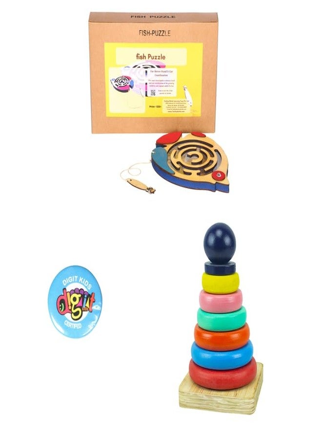 Techny Birds Technybirds Wooden Fish Maze Puzzle, Wooden Rainbow Stacker, and Badge Combo | Educational Toys for Kids | Montessori Learning Toys | Problem-Solving | Color Recognition - Image 1
